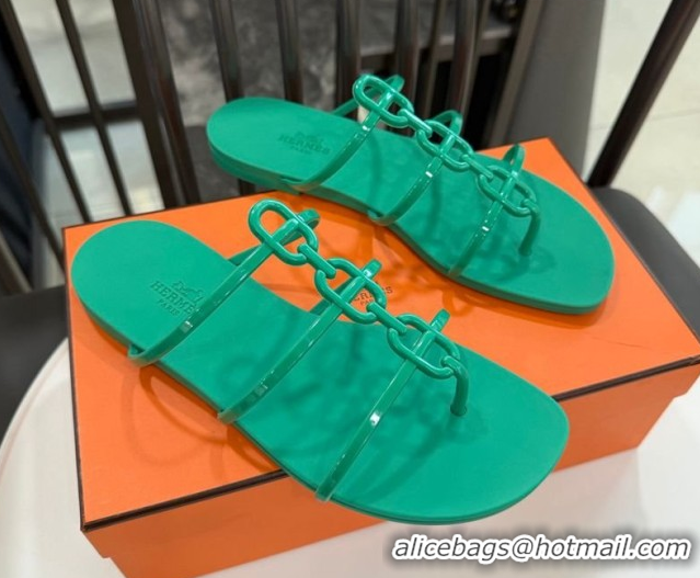 Cheap Price Hermes Mykonos Flat Slides Sandal in TPU with Chaine d'Ancre Green 2026 0304014