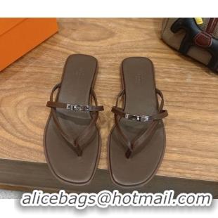 Best Price Hermes Miss Flat Slides Thong Sandal in Calfskin Leather with Kelly Buckle Grey 2026 0304019