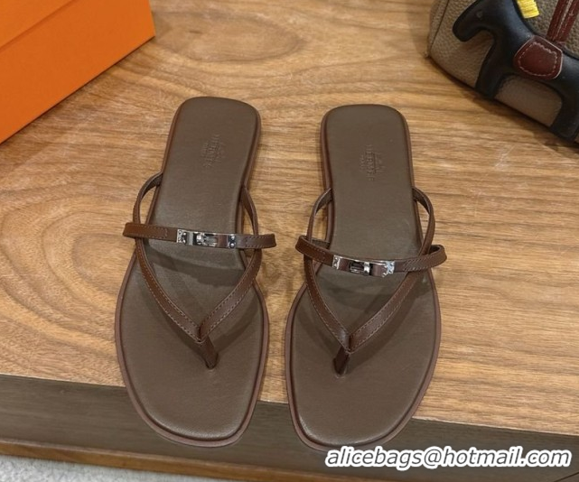 Best Price Hermes Miss Flat Slides Thong Sandal in Calfskin Leather with Kelly Buckle Grey 2026 0304019