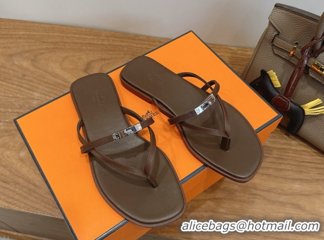 Best Price Hermes Miss Flat Slides Thong Sandal in Calfskin Leather with Kelly Buckle Grey 2026 0304019