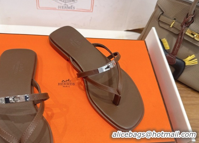 Best Price Hermes Miss Flat Slides Thong Sandal in Calfskin Leather with Kelly Buckle Grey 2026 0304019