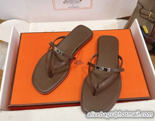 Best Price Hermes Miss Flat Slides Thong Sandal in Calfskin Leather with Kelly Buckle Grey 2026 0304019
