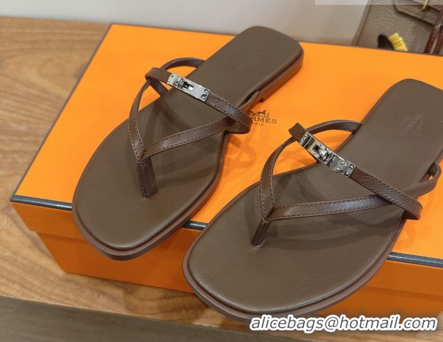 Best Price Hermes Miss Flat Slides Thong Sandal in Calfskin Leather with Kelly Buckle Grey 2026 0304019
