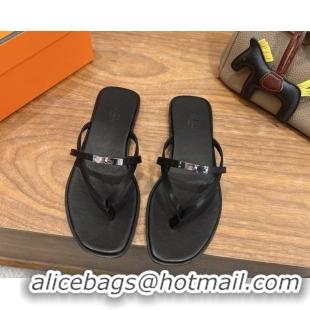 Discount Hermes Miss Flat Slides Thong Sandal in Calfskin Leather with Kelly Buckle Black 2026 0304020