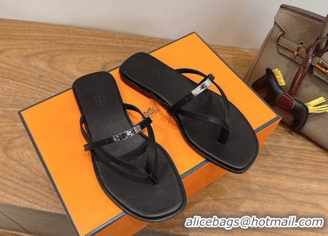 Discount Hermes Miss Flat Slides Thong Sandal in Calfskin Leather with Kelly Buckle Black 2026 0304020