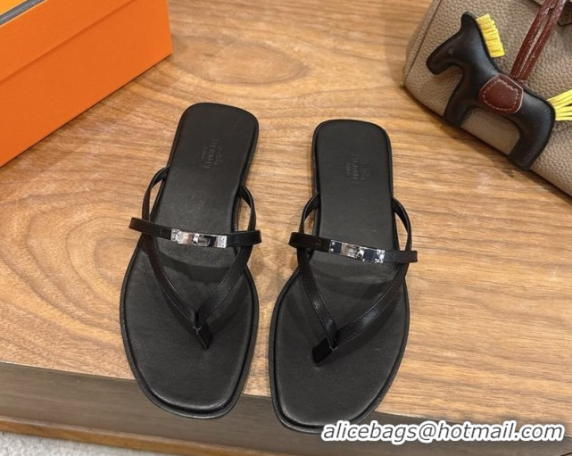 Discount Hermes Miss Flat Slides Thong Sandal in Calfskin Leather with Kelly Buckle Black 2026 0304020