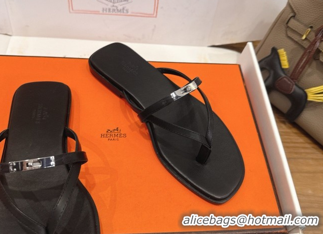 Discount Hermes Miss Flat Slides Thong Sandal in Calfskin Leather with Kelly Buckle Black 2026 0304020