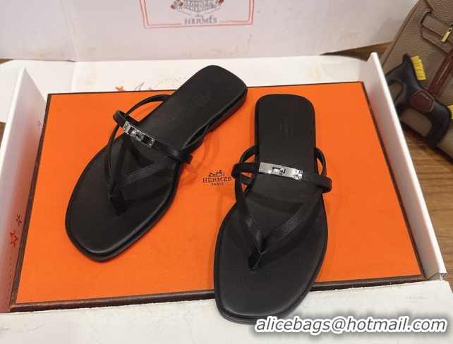 Discount Hermes Miss Flat Slides Thong Sandal in Calfskin Leather with Kelly Buckle Black 2026 0304020