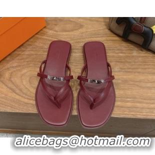 Big Discount Hermes Miss Flat Slides Thong Sandal in Calfskin Leather with Kelly Buckle Burgundy 2026 0304021