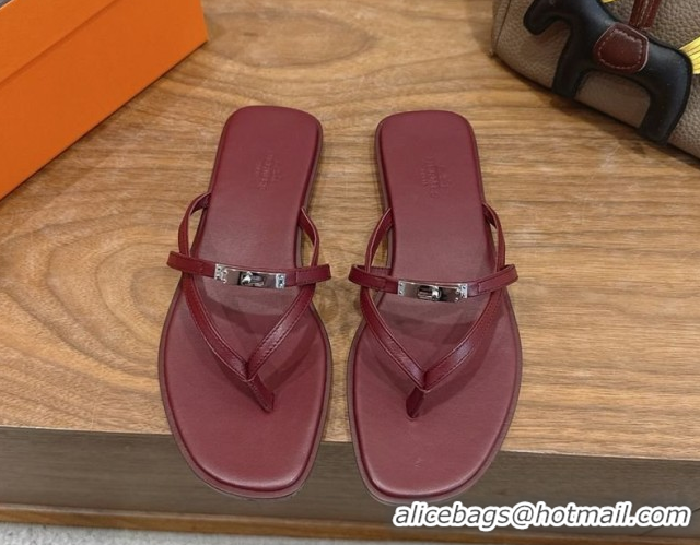 Big Discount Hermes Miss Flat Slides Thong Sandal in Calfskin Leather with Kelly Buckle Burgundy 2026 0304021