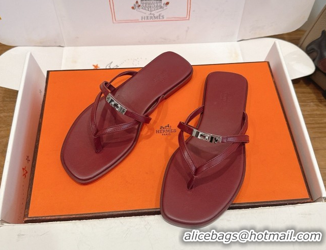 Big Discount Hermes Miss Flat Slides Thong Sandal in Calfskin Leather with Kelly Buckle Burgundy 2026 0304021