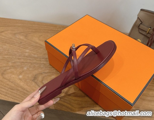 Big Discount Hermes Miss Flat Slides Thong Sandal in Calfskin Leather with Kelly Buckle Burgundy 2026 0304021