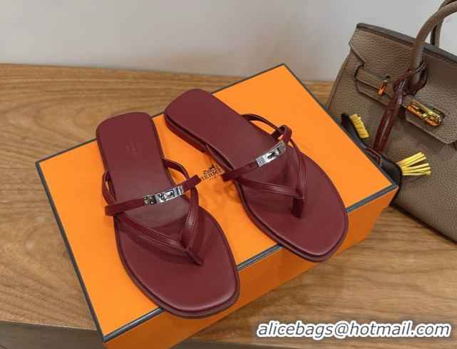 Big Discount Hermes Miss Flat Slides Thong Sandal in Calfskin Leather with Kelly Buckle Burgundy 2026 0304021