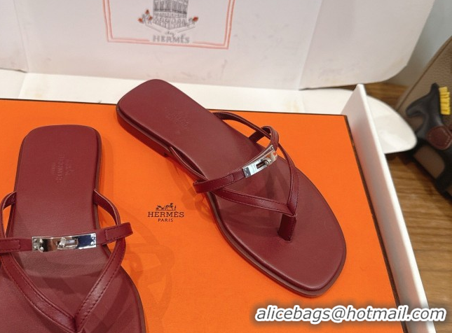 Big Discount Hermes Miss Flat Slides Thong Sandal in Calfskin Leather with Kelly Buckle Burgundy 2026 0304021