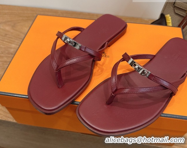 Big Discount Hermes Miss Flat Slides Thong Sandal in Calfskin Leather with Kelly Buckle Burgundy 2026 0304021