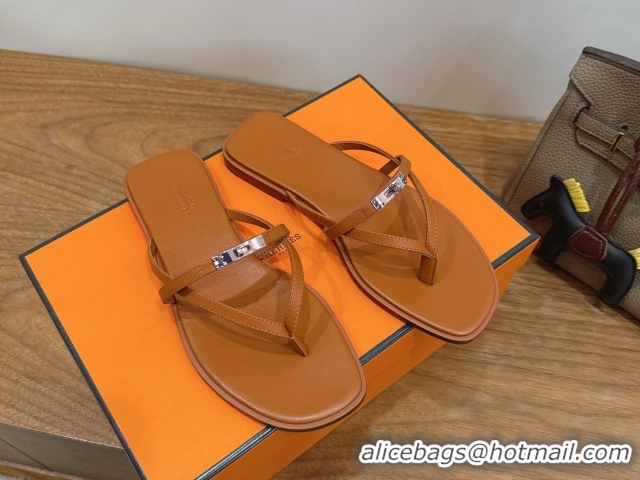 Purchase Hermes Miss Flat Slides Thong Sandal in Calfskin Leather with Kelly Buckle Brown 2026 0304022