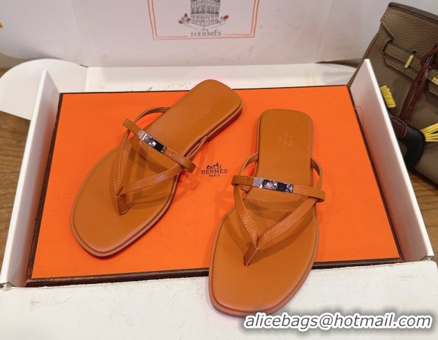 Purchase Hermes Miss Flat Slides Thong Sandal in Calfskin Leather with Kelly Buckle Brown 2026 0304022