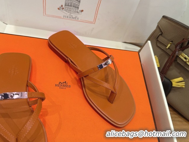 Purchase Hermes Miss Flat Slides Thong Sandal in Calfskin Leather with Kelly Buckle Brown 2026 0304022