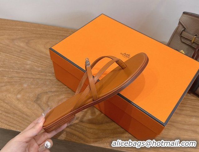 Purchase Hermes Miss Flat Slides Thong Sandal in Calfskin Leather with Kelly Buckle Brown 2026 0304022