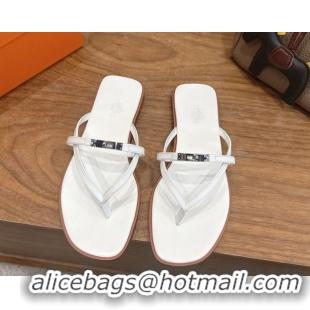 Good Quality Hermes Miss Flat Slides Thong Sandal in Calfskin Leather with Kelly Buckle White 2026 0304023