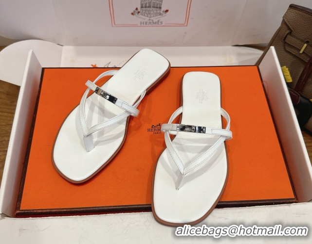 Good Quality Hermes Miss Flat Slides Thong Sandal in Calfskin Leather with Kelly Buckle White 2026 0304023