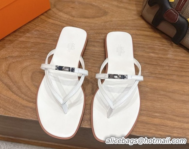 Good Quality Hermes Miss Flat Slides Thong Sandal in Calfskin Leather with Kelly Buckle White 2026 0304023