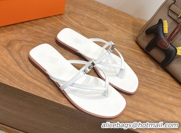 Good Quality Hermes Miss Flat Slides Thong Sandal in Calfskin Leather with Kelly Buckle White 2026 0304023