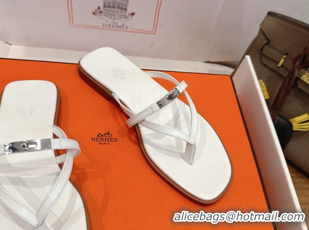 Good Quality Hermes Miss Flat Slides Thong Sandal in Calfskin Leather with Kelly Buckle White 2026 0304023