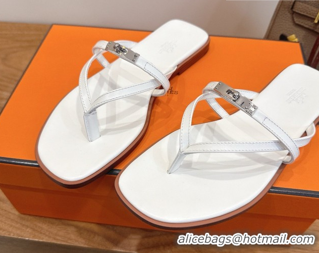 Good Quality Hermes Miss Flat Slides Thong Sandal in Calfskin Leather with Kelly Buckle White 2026 0304023