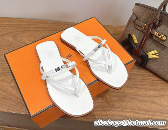 Good Quality Hermes Miss Flat Slides Thong Sandal in Calfskin Leather with Kelly Buckle White 2026 0304023