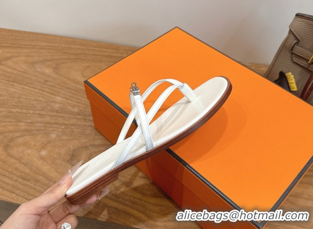 Good Quality Hermes Miss Flat Slides Thong Sandal in Calfskin Leather with Kelly Buckle White 2026 0304023