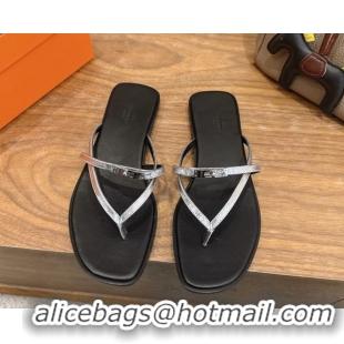 Shop Duplicate Hermes Miss Flat Slides Thong Sandal in Calfskin Leather with Kelly Buckle Silver 2026 0304024