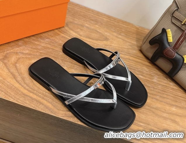 Shop Duplicate Hermes Miss Flat Slides Thong Sandal in Calfskin Leather with Kelly Buckle Silver 2026 0304024