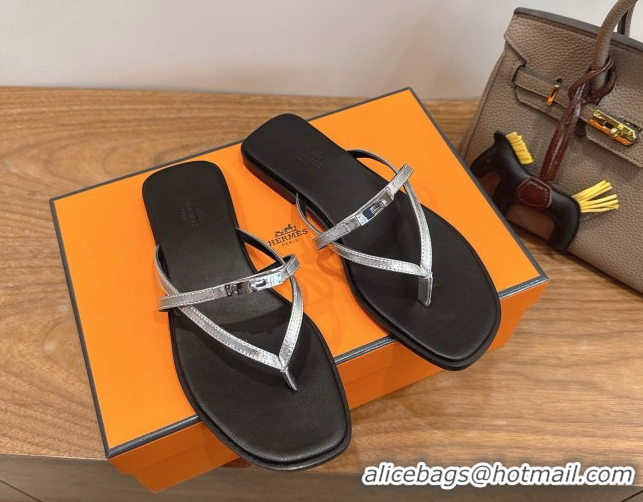 Shop Duplicate Hermes Miss Flat Slides Thong Sandal in Calfskin Leather with Kelly Buckle Silver 2026 0304024