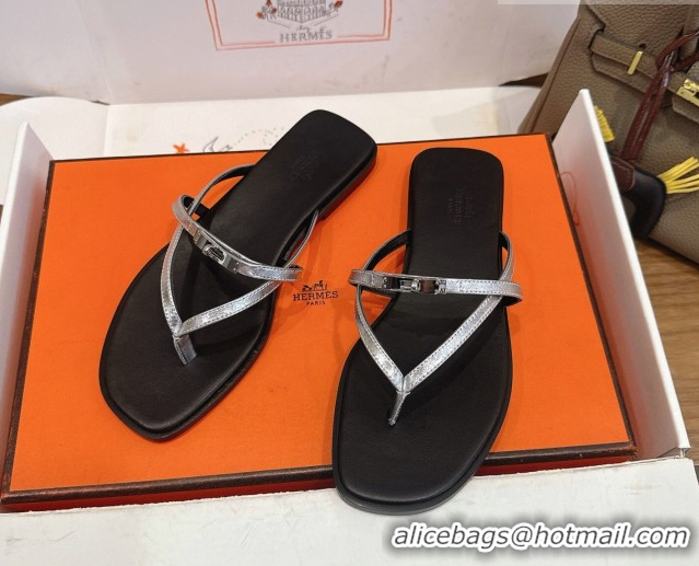 Shop Duplicate Hermes Miss Flat Slides Thong Sandal in Calfskin Leather with Kelly Buckle Silver 2026 0304024