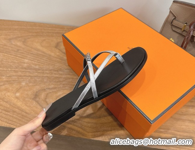 Shop Duplicate Hermes Miss Flat Slides Thong Sandal in Calfskin Leather with Kelly Buckle Silver 2026 0304024