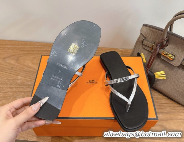 Shop Duplicate Hermes Miss Flat Slides Thong Sandal in Calfskin Leather with Kelly Buckle Silver 2026 0304024