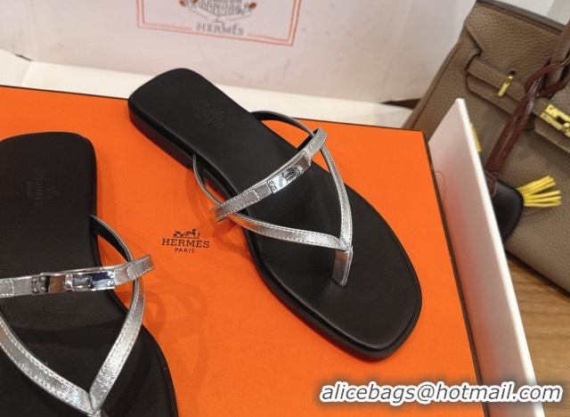 Shop Duplicate Hermes Miss Flat Slides Thong Sandal in Calfskin Leather with Kelly Buckle Silver 2026 0304024