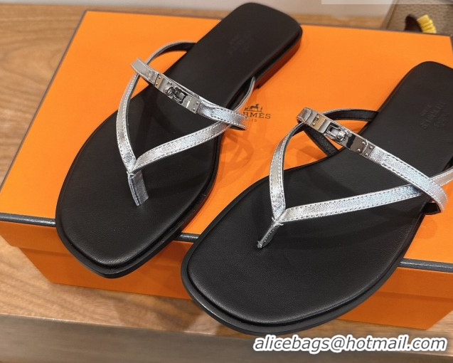 Shop Duplicate Hermes Miss Flat Slides Thong Sandal in Calfskin Leather with Kelly Buckle Silver 2026 0304024