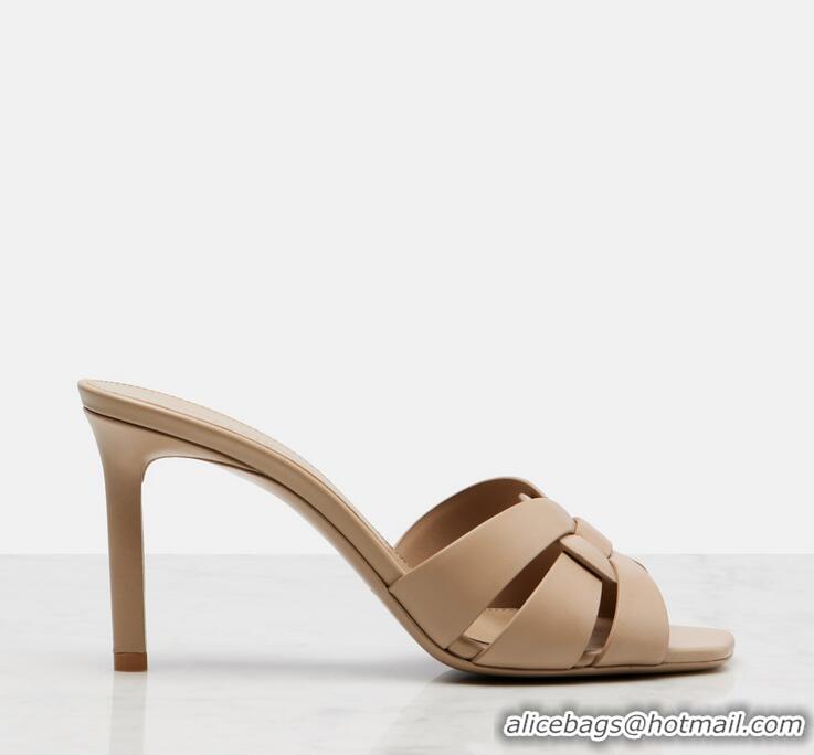Top Grade Saint Laurent Tribute Calf Leather Sandal Heel 8.5cm 45201 Beige