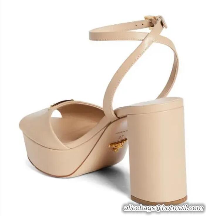 Super Quality Prada Leather Logo Platform Sandal Heel 12cm 46163 Sabbia