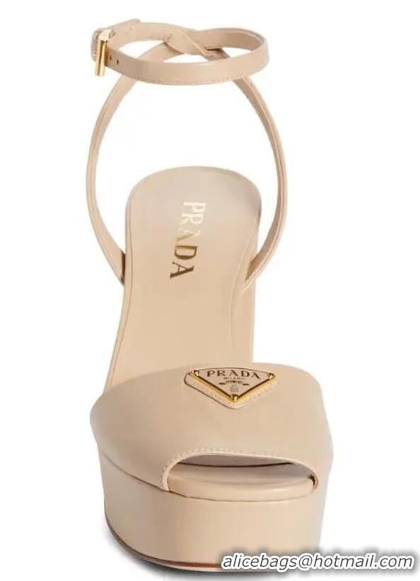 Super Quality Prada Leather Logo Platform Sandal Heel 12cm 46163 Sabbia