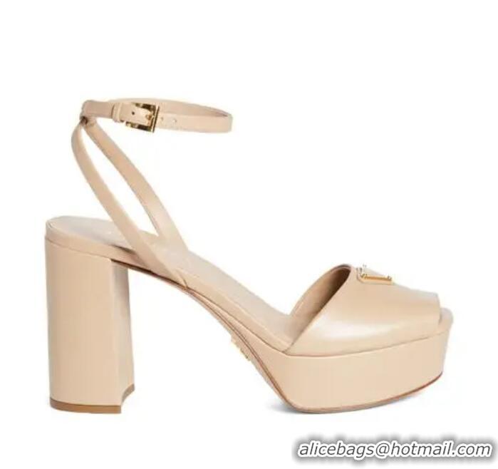 Super Quality Prada Leather Logo Platform Sandal Heel 12cm 46163 Sabbia