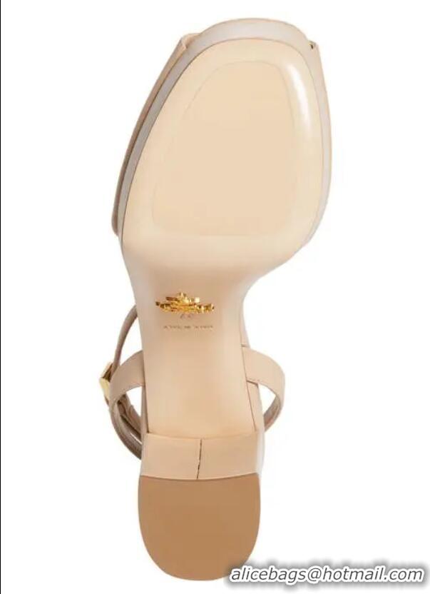 Super Quality Prada Leather Logo Platform Sandal Heel 12cm 46163 Sabbia