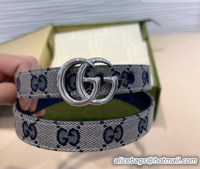 Best Quality Gucci GG Canvas Belt 2cm with GG Buckle 0708 Blue/Grey/Silver 2024