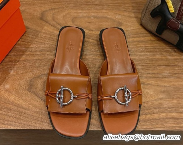 Charming Hermes Flat Slides Sandal in Calfskin Leather with Buckle Brown 2026 HS030401