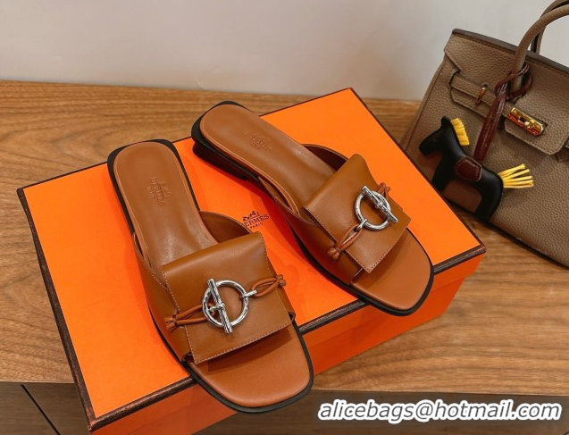 Charming Hermes Flat Slides Sandal in Calfskin Leather with Buckle Brown 2026 HS030401