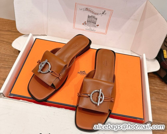 Charming Hermes Flat Slides Sandal in Calfskin Leather with Buckle Brown 2026 HS030401