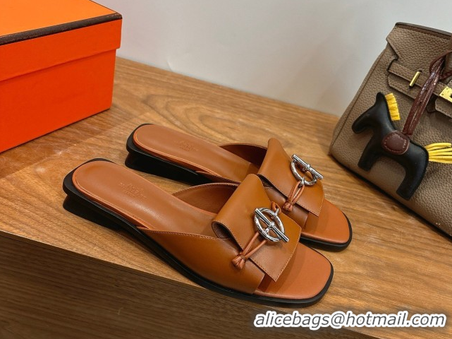 Charming Hermes Flat Slides Sandal in Calfskin Leather with Buckle Brown 2026 HS030401