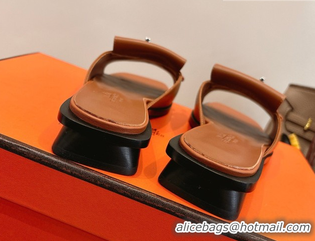 Charming Hermes Flat Slides Sandal in Calfskin Leather with Buckle Brown 2026 HS030401